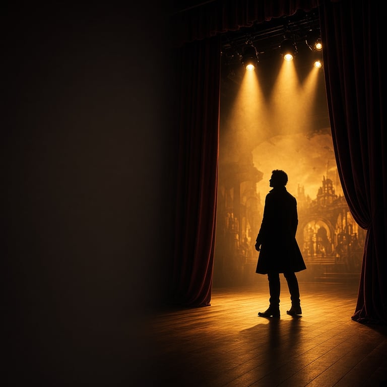 Dramatisch verlicht musicalpodium met open gordijnen